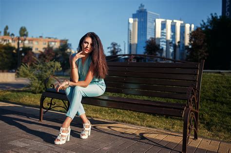 Looking At Viewer Heels Long Hair Women Bench Kristina Romanova Dmitry Shulgin Sitting