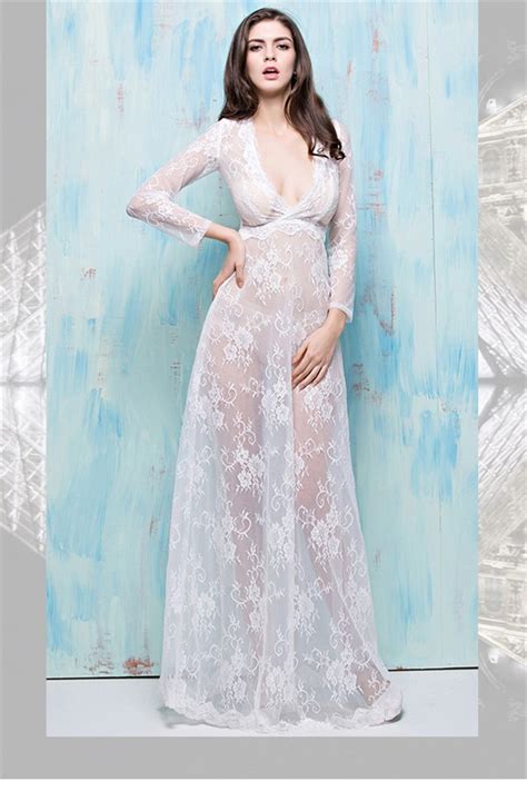 Sexy Deep V Neck Long Sleeve Sheer See Through White Lace Special Occasion Evening Dress