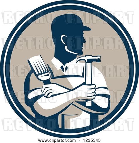 Vector Clip Art Of Retro Male Handyman Holding A Paintbrush And Hammer