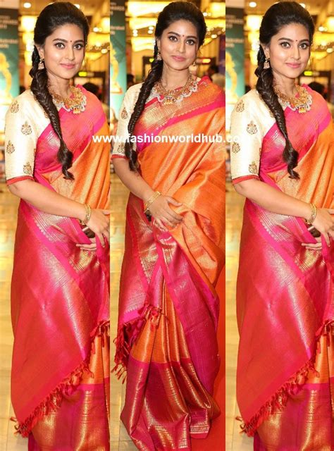 Actress Sneha In Orange Silk Saree Fashionworldhub Pink Saree Silk