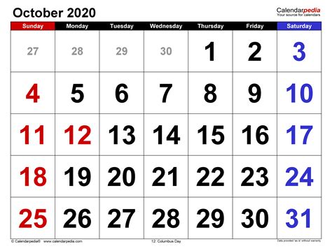 October 2020 Calendar Templates For Word Excel And Pdf