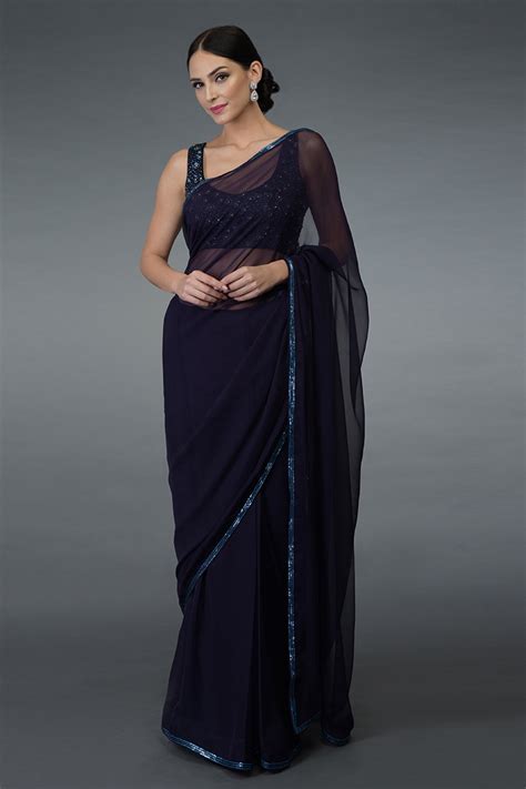 Buy Talking Threads Blue Silk Chiffon Embroidered Saree With Blouse