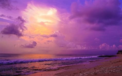 Ocean Waves Beach Sand Under Purple White Clouds Blue Sky Hd Purple