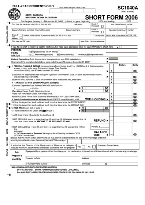 Form Sc1040a Individual Income Tax Return Short Form 2006