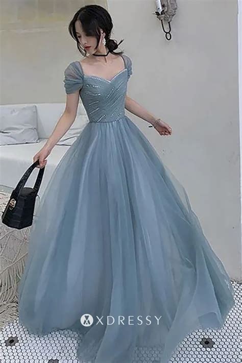 dusty blue glitter tulle cap sleeve bridesmaid dress xdressy