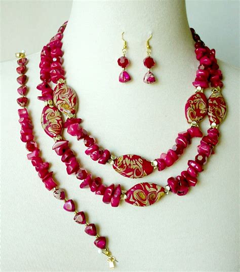 Red Statement Necklace Piece Set Big Bold Chunky Double