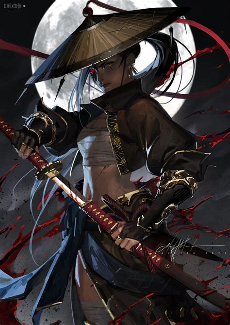 Malveda Artist Digital Art Artwork Katana Shinobi Sarashi Straw Hat Red Eyes Warrior Warrior