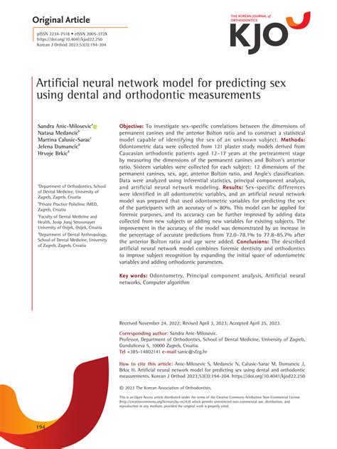Pdf Artificial Neural Network Model For Predicting Sex Using Dental