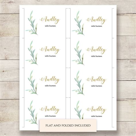 greenery wedding table place card template flat and folded name place