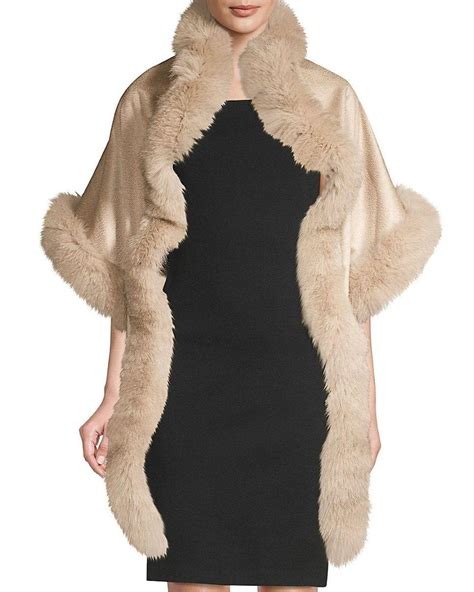 Sofia Cashmere Asymmetric Cashmere Fox Fur Trim Wrap In Black Lyst