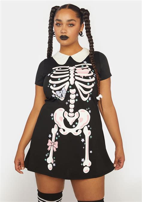 Plus Size Trickz N Treatz Kawaii Skeleton Collared Mini Dress Black Dolls Kill Halloween