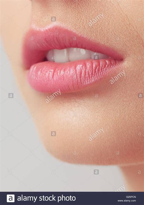 Closeup Of Woman S Mouth With Pink Lipstick On Slightly Open Lips Stock