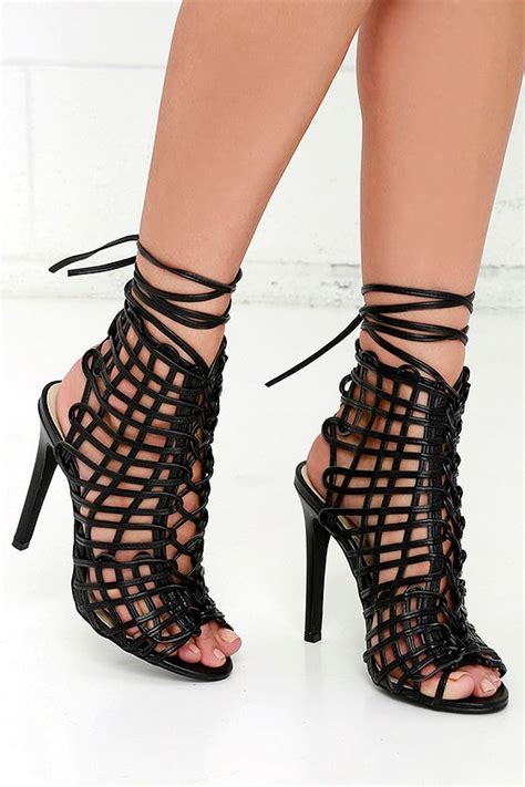 Stylish Black Heels Caged Heels Lace Up Heels 13800