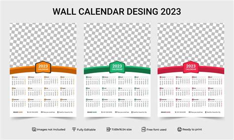 1 Page Wall Calendar 2023 Template With 3 Color Variation Design Print
