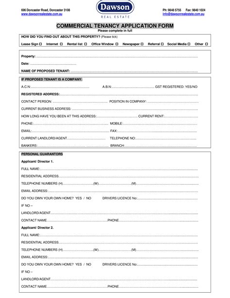 Commercial Tenant Lease Application Form Gratis