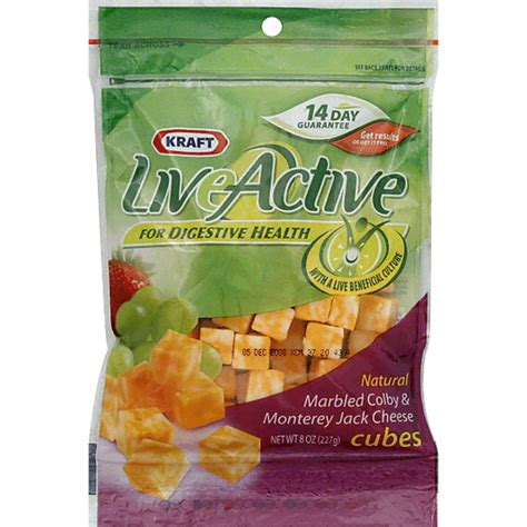 Each serving contains a deliciously satisfying snack with 7 grams of protein 110. Live Active Cheese Cubes, Natural Marbled Colby & Monterey ...
