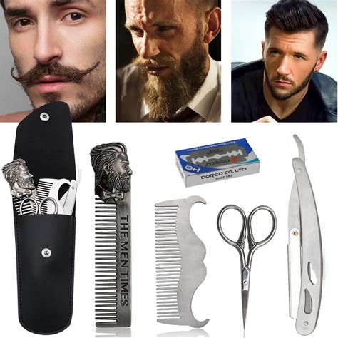 6pcsset Beard Grooming And Trimming Kit Razor Comb Scissors Mustache