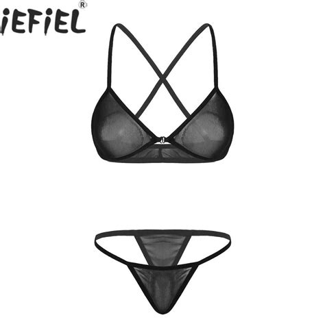 Women Erotic See Through Sheer Mesh Bikini Lingerie Set Back Cross Bra