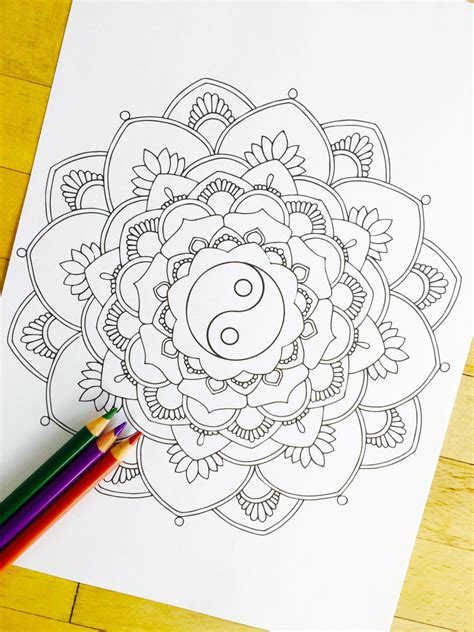 Mandala Yin Yang Hand Drawn Adult Coloring Page
