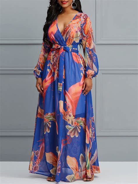 Tidebuy Print V Neck Pullover Womens Maxi Dress Chiffon Fashion Womens Maxi Dresses Maxi Dress