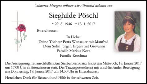 Traueranzeigen Von Sieghilde Pöschl Mittelbayerische Trauer