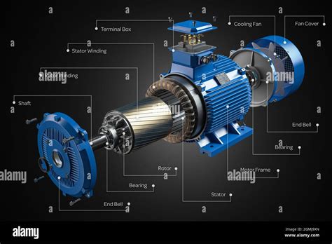 Electric Motor Parts And Structure On Black Background 3d Illustration