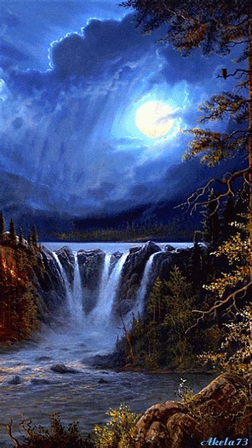 Magical Blue Waterfall Painting With Glowing Moon