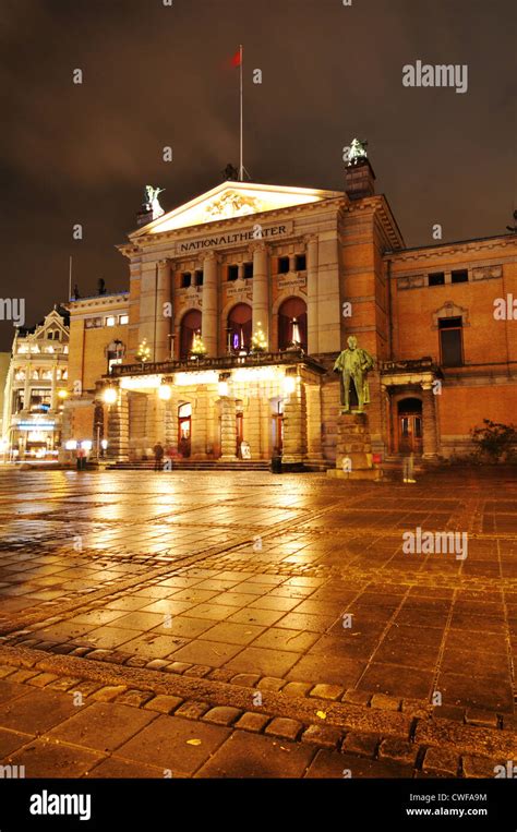 Night View Of Norwegian National Theater In Oslo City Center Stock