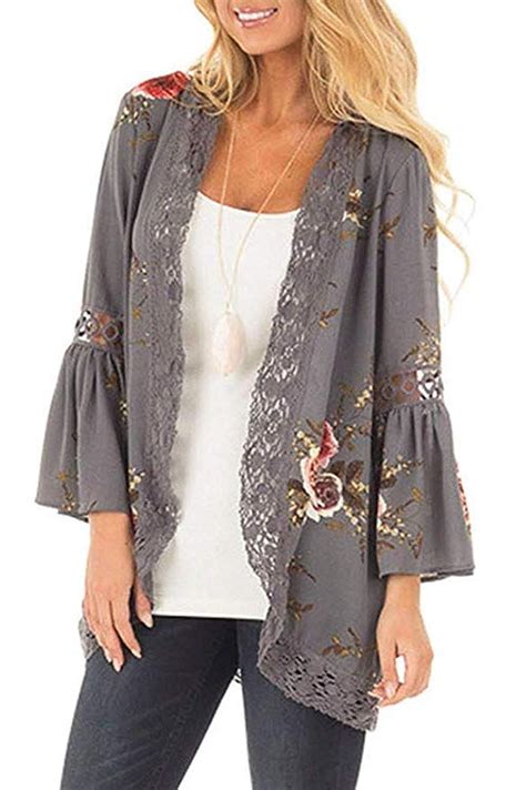 Womens Floral Print Short Sleeve Shawl Chiffon Kimono Cardigan Casual