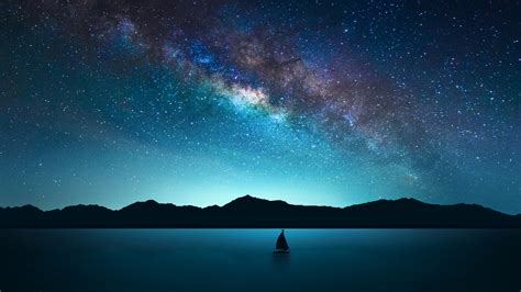 1600x900 Lone Sailboat On Milky Way Night 1600x900 Resolution Wallpaper