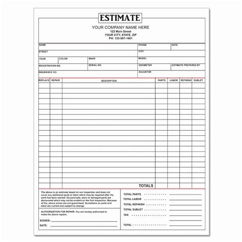 Printable Free Auto Body Repair Estimate Template Forms