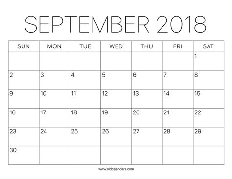 2018 Calendar September Printable Old Calendars