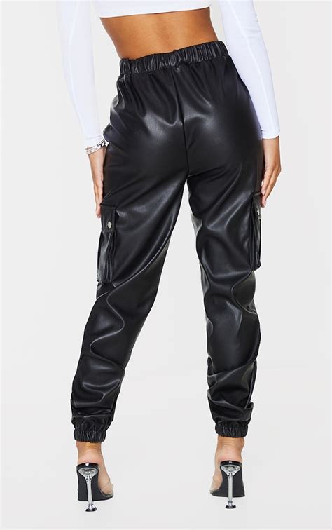 Petite Black Faux Leather Cargo Pants Prettylittlething