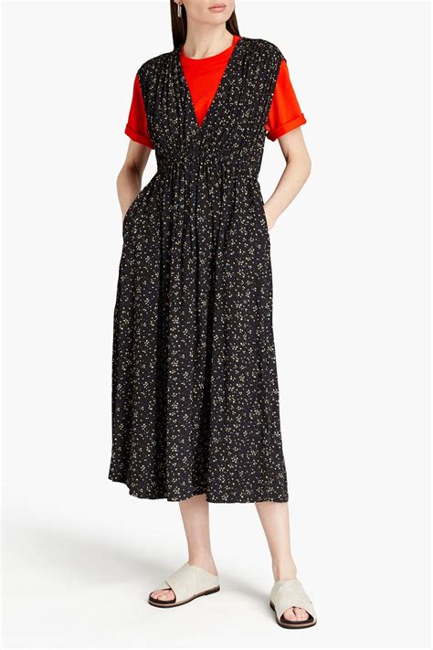 Ganni Gathered Floral Print Crepe Midi Dress Sale Up To 70 Off The Outnet