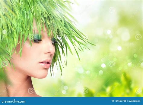Nature Beauty Woman With Fresh Grass Hair Stock Photo Image Of Herb