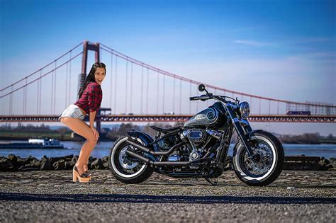 Maya Bijou With A Harley Davidson Brunette Model Shorts Motorcycle