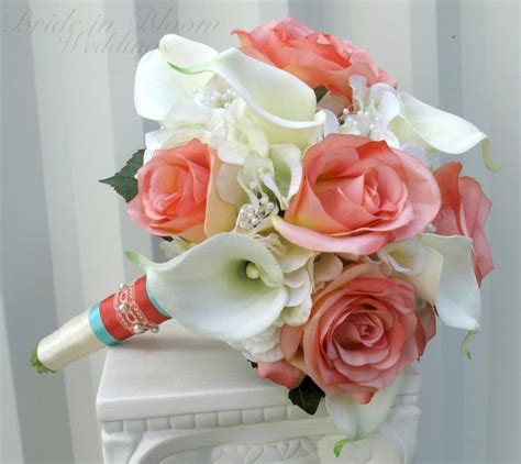 Wedding Bouquet Coral Cream Real Touch Calla Lily Silk Rose Bridal