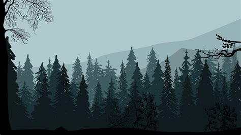 Dark Pine Forest Mountains And Gray Sky Gray Evening Landscape