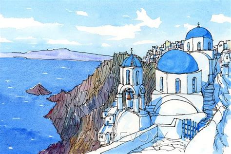 Santorini Oia 5th Greece Art Print From An Original Pen And Watercolor