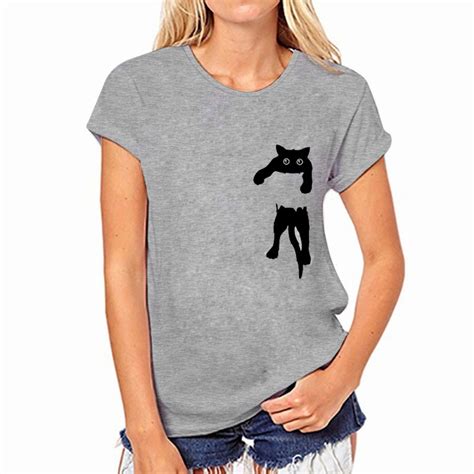 Cute Pocket Cat Printed T Shirt Women Casual Short Sleeve Tshirt Female