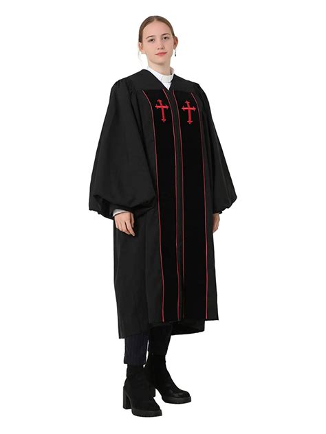 Unisex Black Puplit Clergy Robe With Red Embroidered Cross Graduatepro