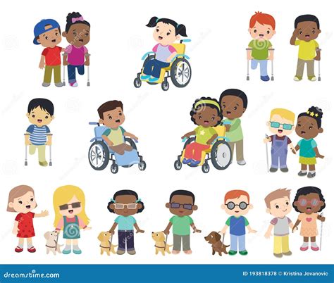 Cute Multi Ethnic Smiling Children With Disabilities Set Stock Vector