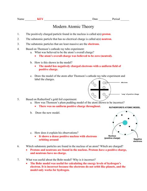 Atomic Theory Worksheet Answers