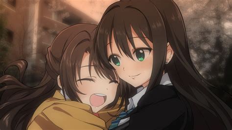 Safebooru 2girls Anime Coloring Black Hair Brown Hair Closed Eyes Green Eyes Highres Hug