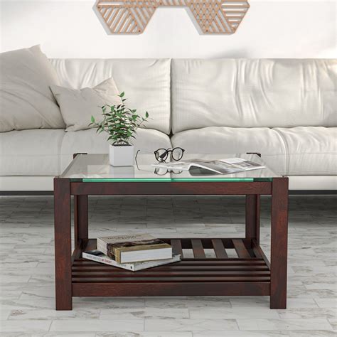 Nilkamal Kylie Glass Top Solid Wood Coffee Table Walnut Nilkamal