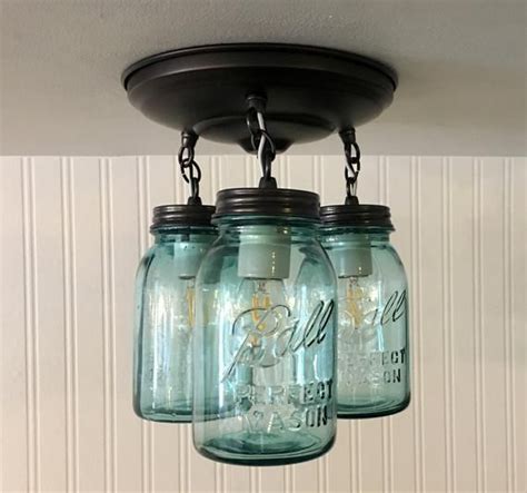 Blue Mason Jar Ceiling Lighting Fixture Vintage Ball Trio Etsy