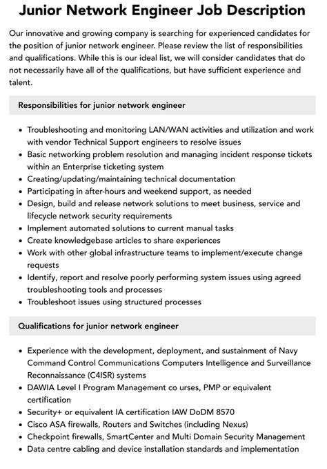 Junior Network Engineer Job Description Velvet Jobs