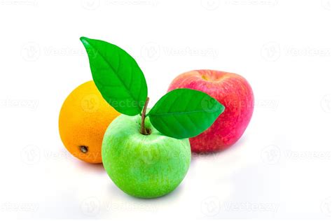 Green Apple Red Apple And Orange On The White Background With Clipping