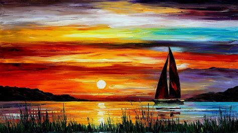 Boat Sunset Painting Wallpaper 1366x768 10056