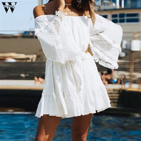 Womail Dress Summer Woman Sleeveless Sexy Off Shoulder Splicing Cotton Linen Lace Party Mini